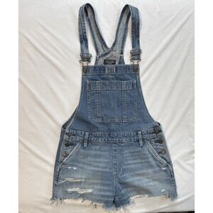 Abercrombie & Fitch Women Overalls Sz Sm Blue Denim Shortalls Distressed Raw Hem